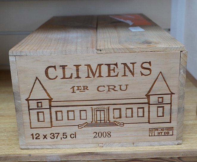 A sealed case of twelve half bottles of 2008 Chateau Climens, Sauternes, in OWC, purchased en primeur from The Wine Society. Condition - good